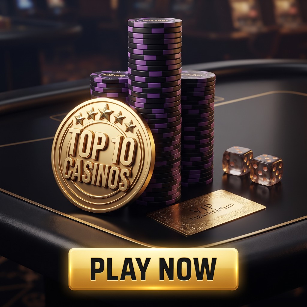 Gold Top 10 Casinos medallion with poker chips, dice and a Play Now button